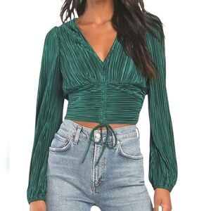 NWT Lulus Gorgeous Glamour Emerald Green Plisse Satin Long Sleeve Ruched Top XS